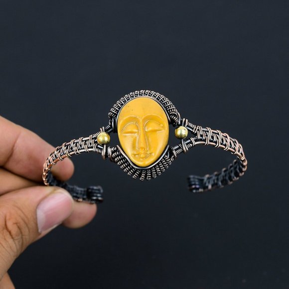 Carved  Face Bangle Copper Cuff Bracelet - Picture 1 of 3